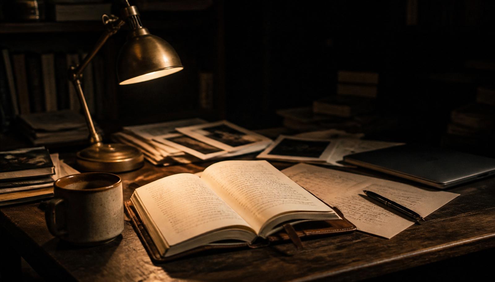 A dim writer's desk with an open notebook, a warm brass lamp, layered papers, and a ceramic coffee mug.