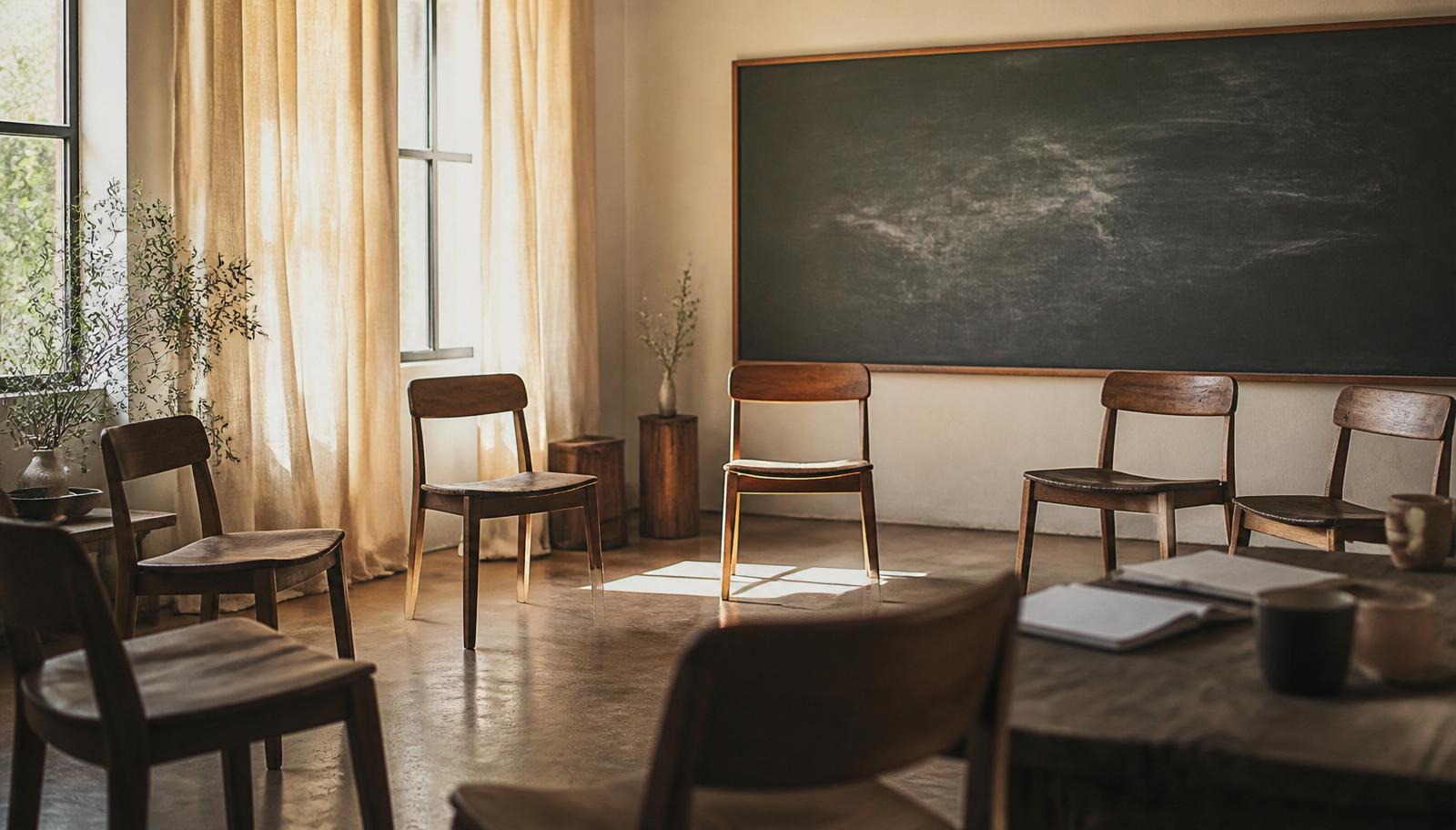 A quiet workshop room with wooden chairs arranged in a loose circle, warm daylight through linen curtains, and a chalkboard on the wall.